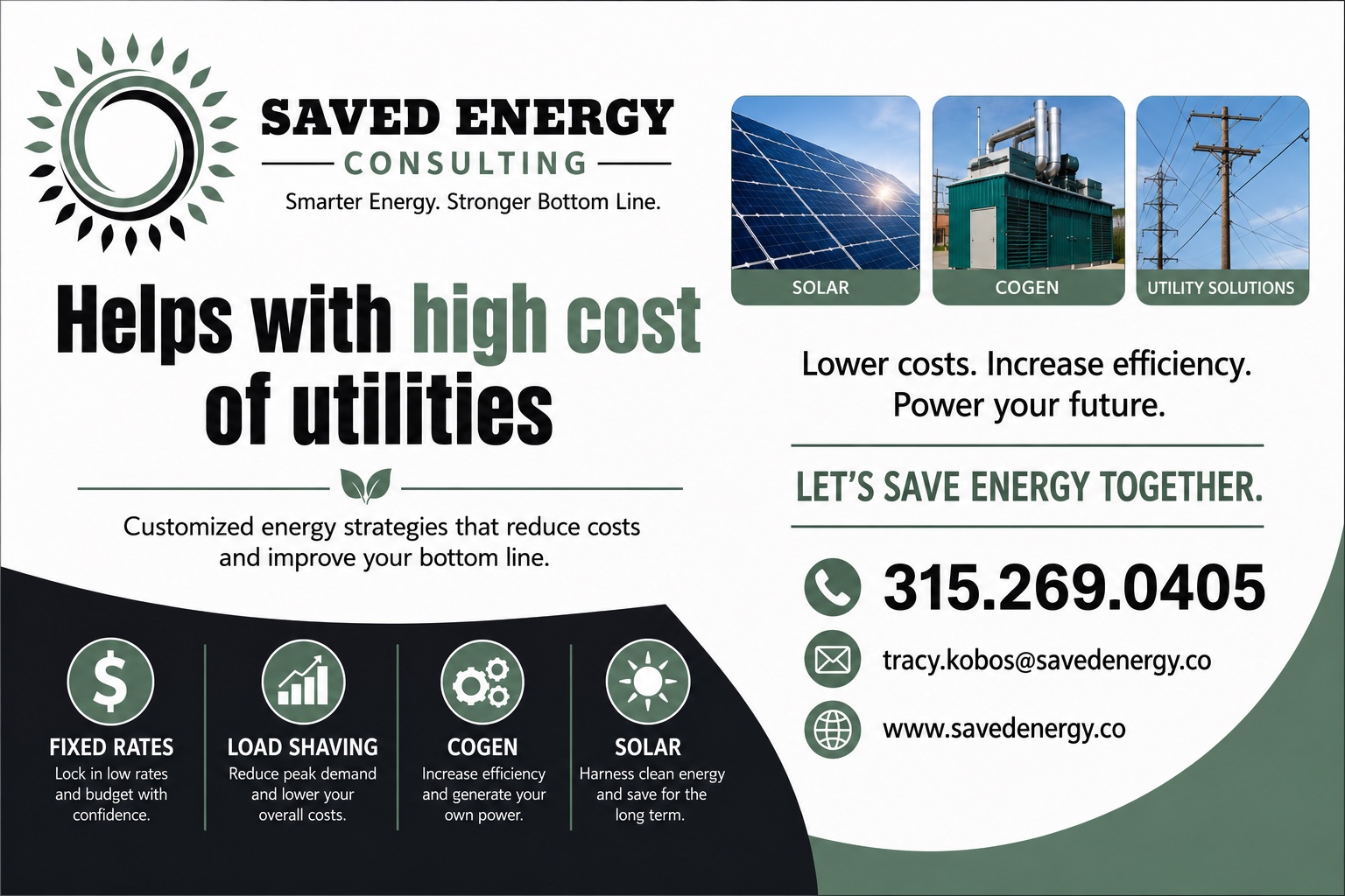 Saved Energy Consulting overview showing solar, cogeneration, utility solutions, fixed rates, load shaving, and contact information